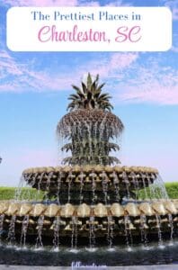 This image is a Pinterest Pin with a photo of the Pinapple Fountain in Charleston, South Carolina with a pink and blue cotton candy sky above.